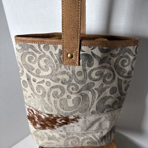 Myra Leather  Double Wine Bottle Bag Tote  Cowhide Leather Canvas - Picture 6 of 12
